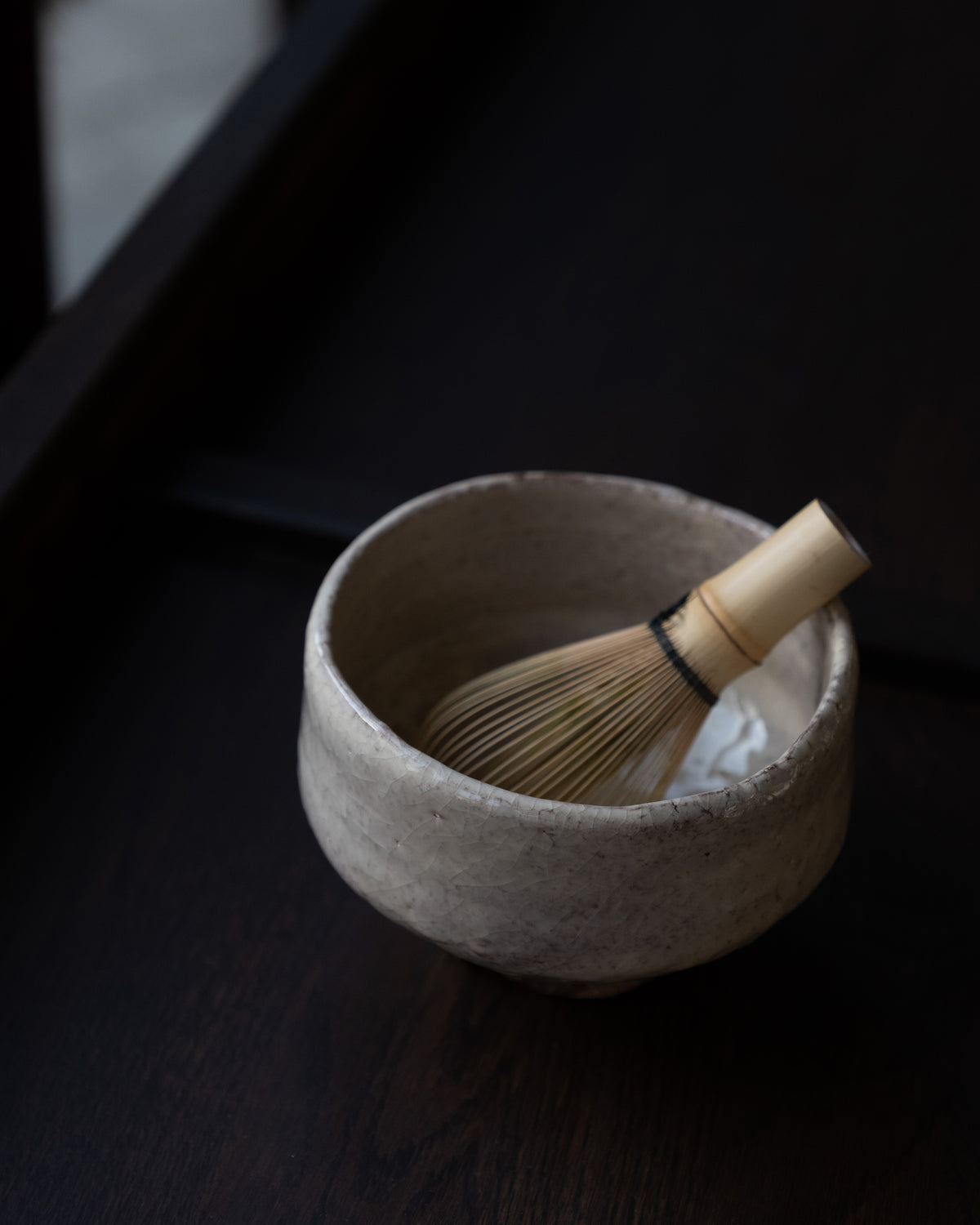Hagi chawan by Shuen Yoshida with bamboo whisk