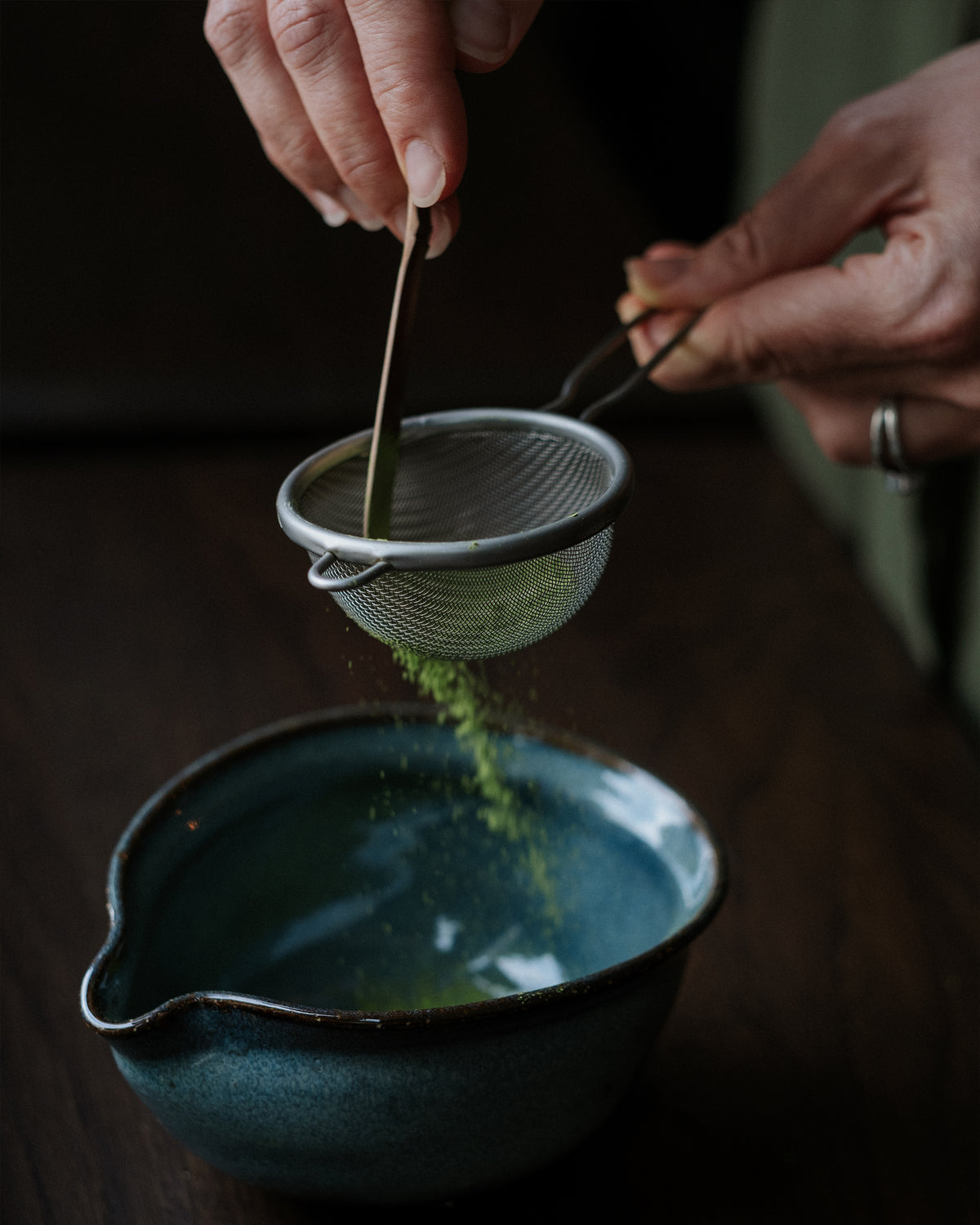 Matcha sift in use, sifting matcha powder
