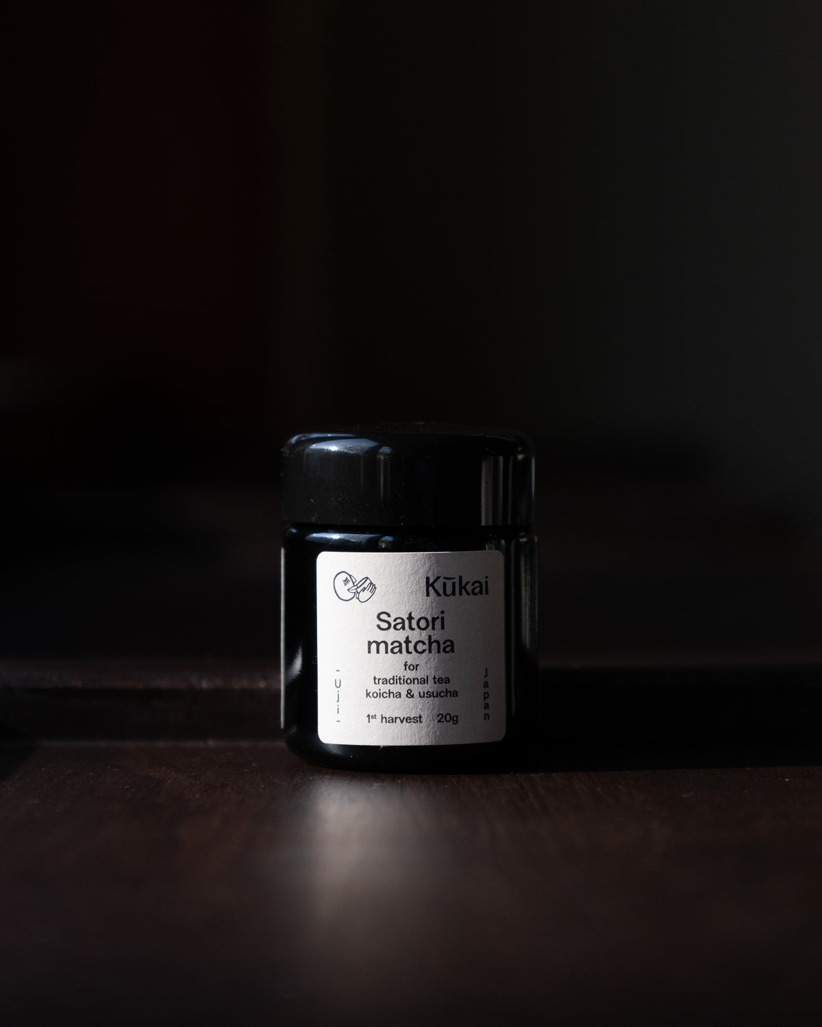 Satori matcha jar styled on natural wood